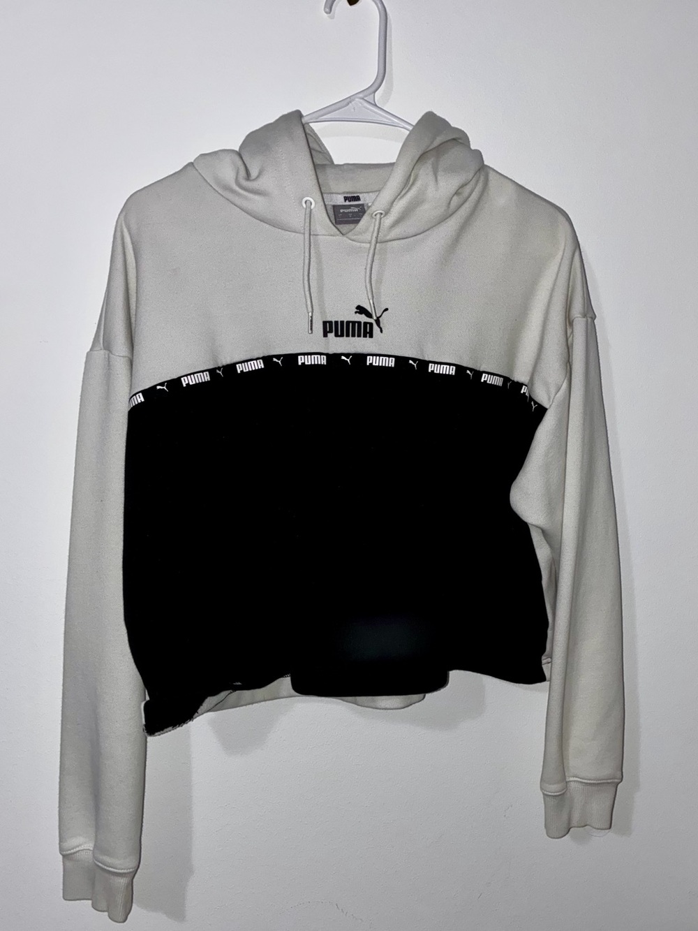 Puma White and Black Cropped Hoodie with Logo Tape